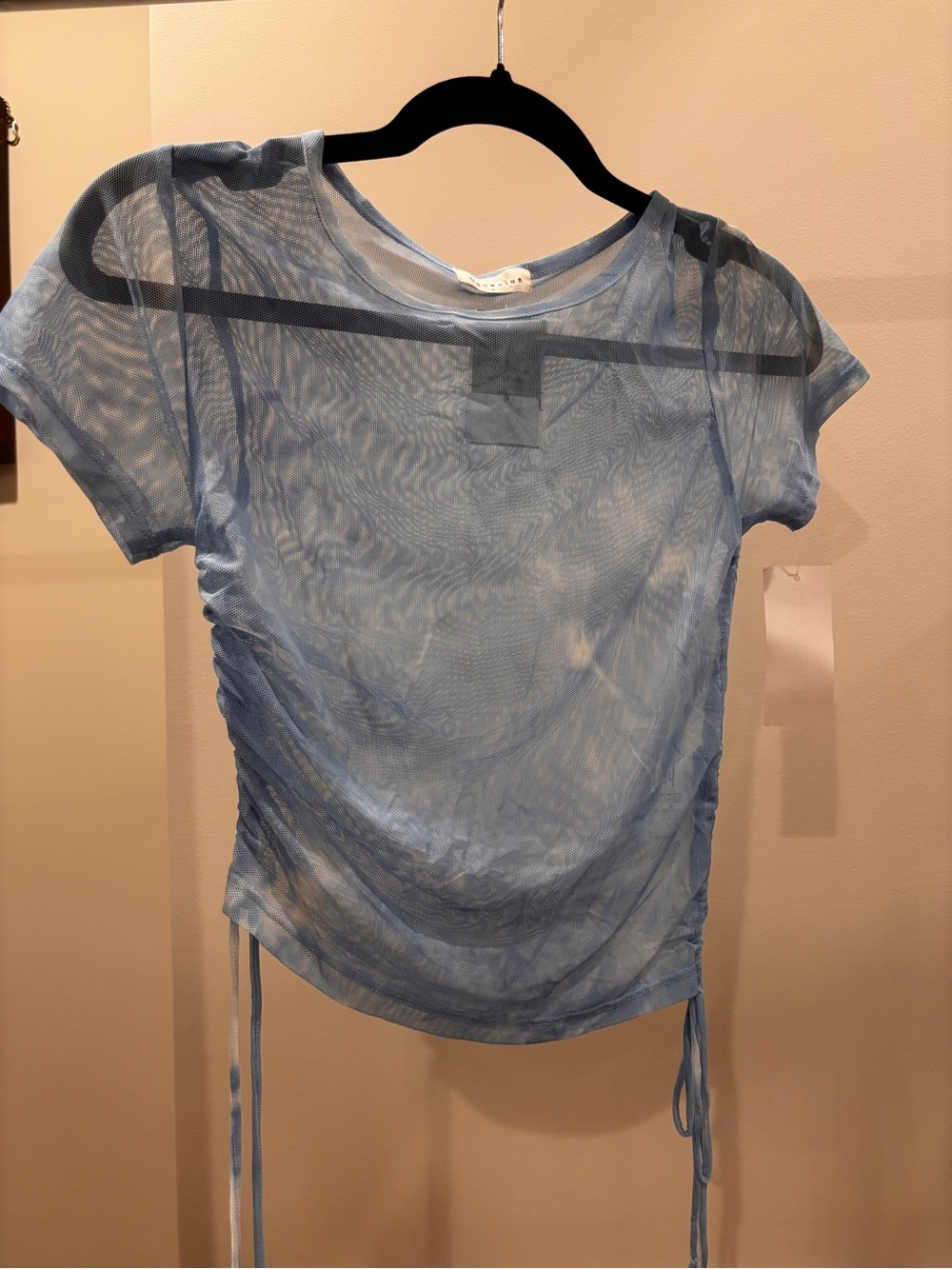 Occasion Sheer Light Blue Ruched Tie-Side Short Sleeve Top